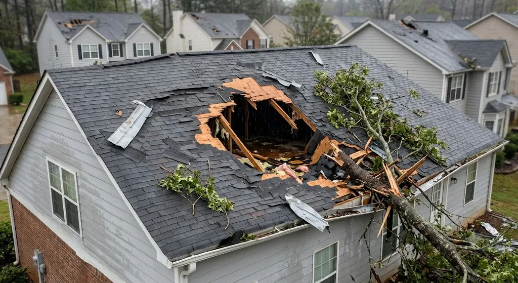 Hail-damaged roof documented for an insurance claim in Dallas, GA